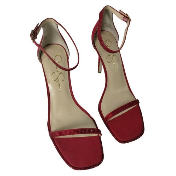 Jessica Simpson Womens 8.5 Ostey Red Rhinestones Ankle Strap 4 inch Heels New - Picture 6 of 16